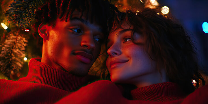 Interracial Couple in Red Sweaters near Decorated Christmas Tree