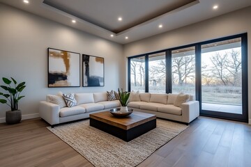 Modern living room, sectional sofa, large windows, nature view, home decor