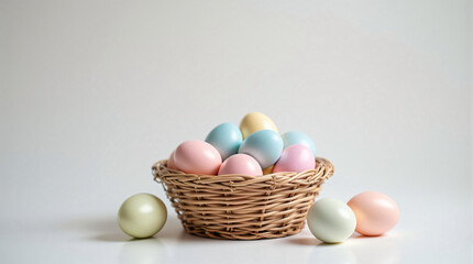 Basket with colorful Easter eggs on a light plain background