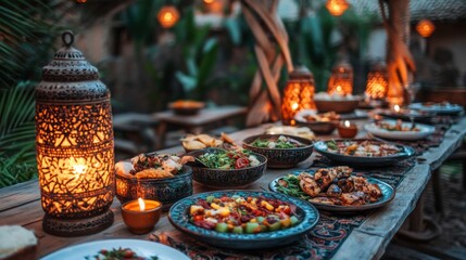 Fototapeta premium A Festive Outdoor Dinner Table With Delicious Food