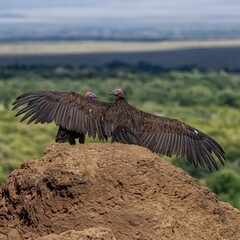 Vultures with wings spread on rocky outcrop.