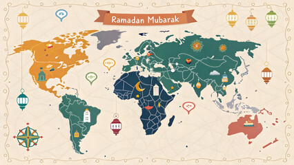 An "Ramadan Mubarak" greeting card showcases a stylized world map and festive global presence of the holiday, combining geographical elements with celebratory icons such as lanterns.