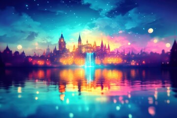 Fototapeta premium Floating city waterfall fantasy in enchanted landscape vibrant colors dreamlike scenery nighttime view