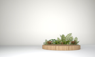 Wood podium for product display stand, 3D render with plants element, Pedestals for advertising, mockup, stage, promotion, presentation.