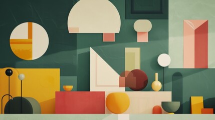 Vibrant arrangement of geometric shapes in a modern color palette, blending spheres, cubes, and lines into a playful composition. Great for artistic decor. AI generated.