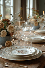 Elegant table setting with floral china plates and glassware in a bright dining room