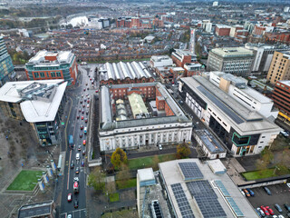 Aerial shot Royal Courts of Justice, Oxford Street, Belfast Northern Ireland