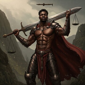 A beautiful black warrior man representing the balance of the force of justice. Allusion to the Orisha Xang&ocirc;