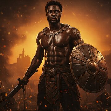 a black warrior man linked to war, courage, determination and overcoming obstacles. Allusion to Orisha Ogum