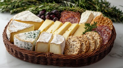 A rich presentation of savory cheeses, olives, and cured meats beautifully arranged in a basket, inviting enjoyment of diverse flavors that complement each other perfectly.