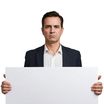 Man in suit with serious expression, holding a blank board to write some funny phrase, meme style