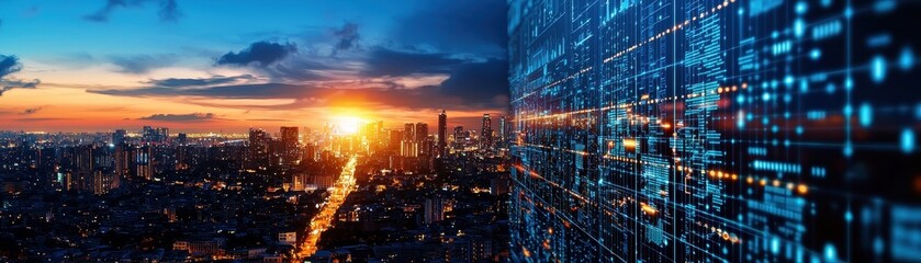Obraz premium A vibrant sunset over a city skyline, contrasted with a digital data overlay, symbolizing the fusion of technology and urban life.