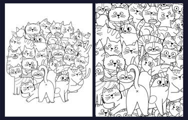 Coloring pages set with funny cats in different poses. Cute feline characters templates collection for coloring book for kids and adults. Vector illustration