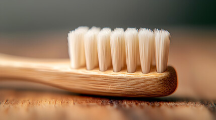 Close-up bamboo toothbrush on wood.  Sustainable oral hygiene