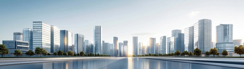Fototapeta premium A modern skyline reflects on tranquil waters, showcasing sleek buildings and a clear sky, embodying urban sophistication and architectural elegance.