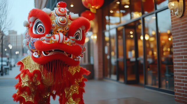 A traditional Chinese lion dance performed in frot