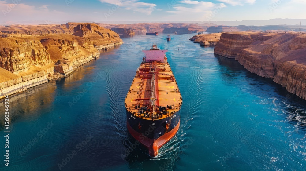 Poster a sizable cargo ship makes its way through a narrow canal flanked by steep, sunlit cliffs under a cl