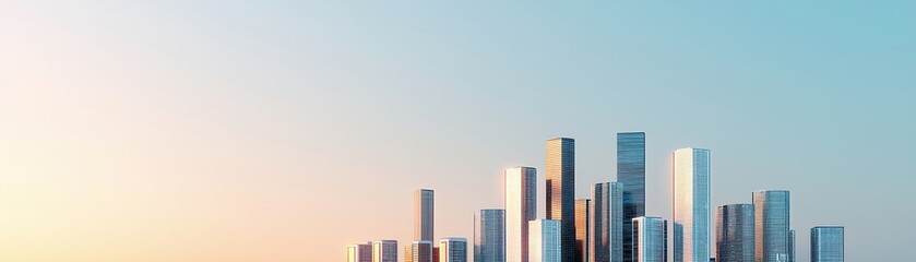 Obraz premium A modern city skyline against a gradient sky, showcasing tall buildings under soft sunlight, symbolizing urban growth and architectural innovation.