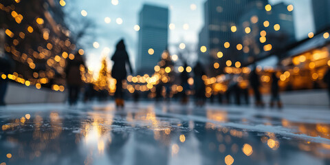 Fototapeta premium Blurred Nighttime Ice Rink Scene with City Lights