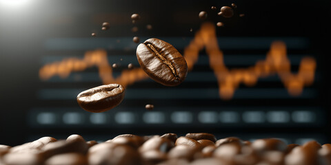 Coffee beans rise above a stock market graph indicating increasing prices in a 3D illustration