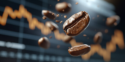 Rising stock market graph underlines increasing coffee prices with floating coffee beans