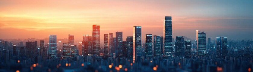 Obraz premium A vibrant city skyline at sunset, featuring modern skyscrapers illuminated by warm light against a colorful sky.