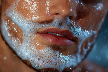 Obraz premium Young caucasian male with lathered face during shaving routine