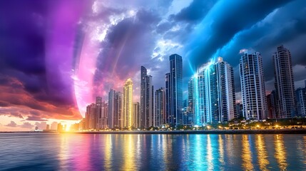 Obraz premium Futuristic Cityscape at Sunset, Coastal Skyline - Futuristic