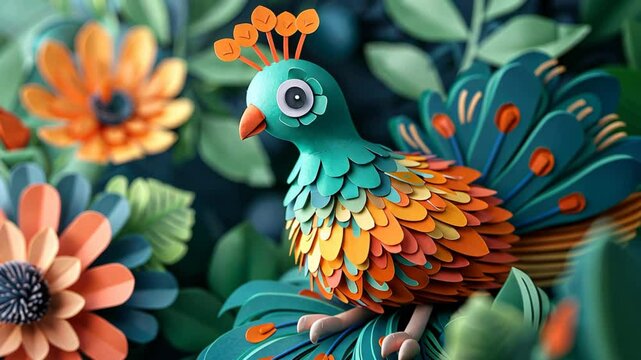 paper art animation , cute peacock bird in flower field 