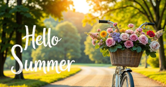 Bicycle with flower basket in sunlight and "Hello Summer" text overlay - Powered by Adobe