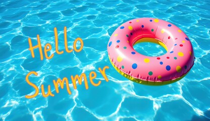 Colorful donut-shaped pool float in water with "Hello Summer" text overlay