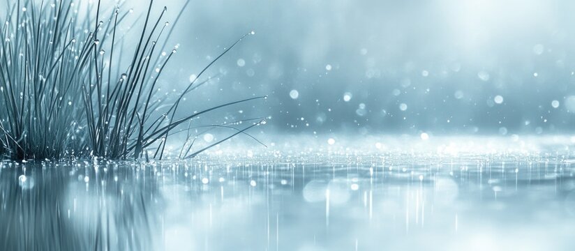 Serene landscape with silvery blue highlights and blurred water reflections under a gentle snowfall and soft rain atmosphere