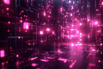 Fototapeta premium Abstract futuristic neon grid background with futuristic neon grid and luminous digital elements. Emphasizing modern technology and artistic innovation, ideal for tech designs and high-tech visuals.