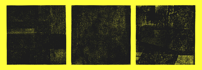 Square shape hand printed black grunge textured backgrounds  set. Linocut, relief printing, letterpress rough textures. Artistic text boxes. Paint roller stains, lino ink layered grungy remains.