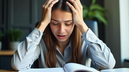 A Young Woman Experiencing Stress and Anxiety While Studying at Home, Showing Frustration Due to Overwhelming Academic Pressure.