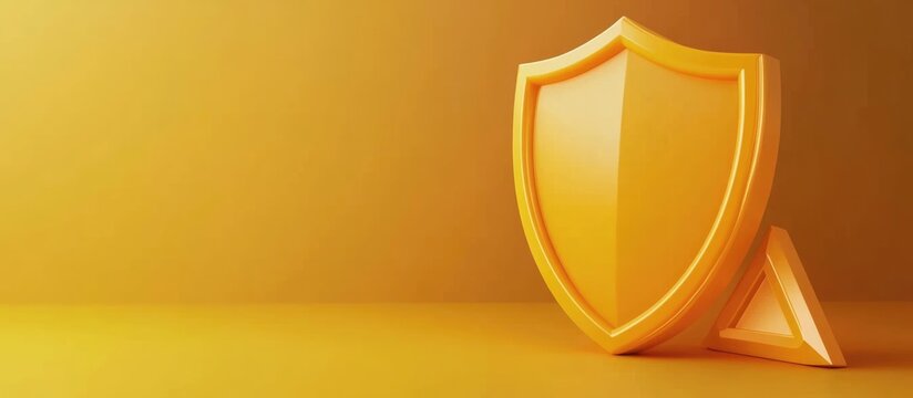 Insurance protection concept with yellow shield symbol and triangular geometric shape on gradient background for advertising or marketing use