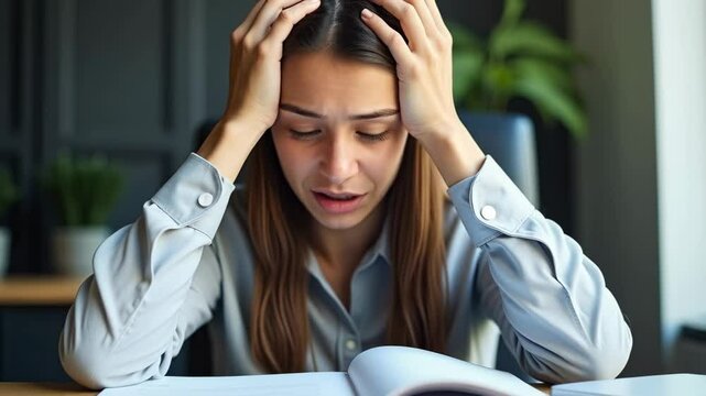 A Young Woman Experiencing Stress and Anxiety While Studying at Home, Showing Frustration Due to Overwhelming Academic Pressure.