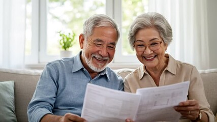 Senior Asian Couple Laughing while Reviewing Documents at Home Indoor