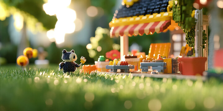 Pixelated Cat Figure and Miniature Building in Grassy Setting