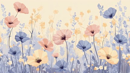 Naklejka premium A beautiful illustration of blooming flowers, showcasing pastel colors in a dreamy landscape. Perfect for spring and floral designs.