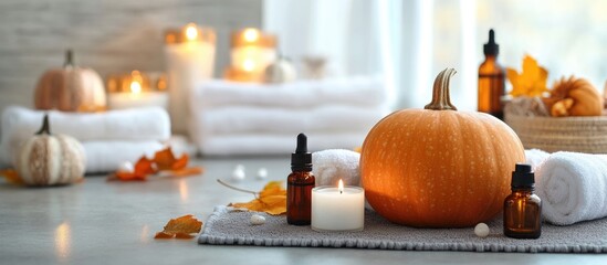 Autumn spa setting featuring pumpkin, essential oils, candles, and towels on a textured table for a relaxing atmosphere