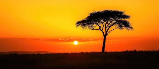 Fototapeta premium Silhouette of solitary tree against vibrant orange sunset light creating a serene and peaceful landscape scene