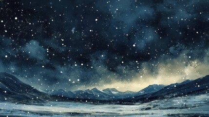 Fototapeta premium A Winter Scene with Snow Falling Over a Mountain Landscape at Night