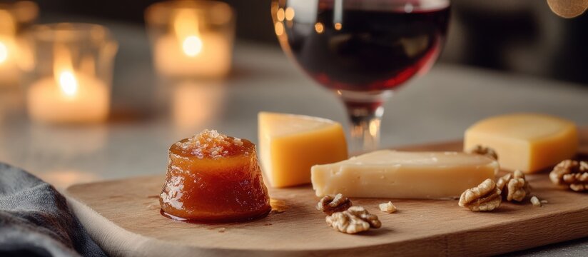 Spanish membrillo dessert with cheese and walnuts, accompanied by a glass of red wine on a candlelit table setting.