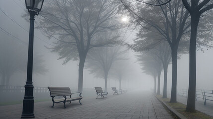 Fototapeta premium A misty park landscape showing silhouettes of trees, benches, and a vintage streetlight. 