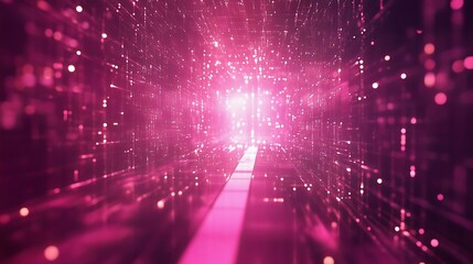 A mesmerizing tunnel of pink lights and digital particles creating a futuristic ambiance. Perfect for tech, sci-fi, or abstract art.