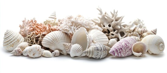 Obraz premium Assorted ocean shells and coral collected on a white background showcasing natural textures and forms for decorative or craft use.