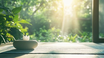 Spa and meditation products for self care with serene natural background in peaceful yoga studio setting with copyspace for text