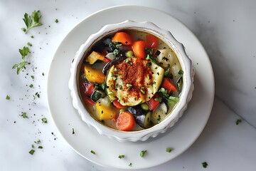 A beautifully styled shot of a bowl of vegetable soup, featuring a medley of colorful vegetables and a sprinkle of paprika, artfully arranged on a white plate.