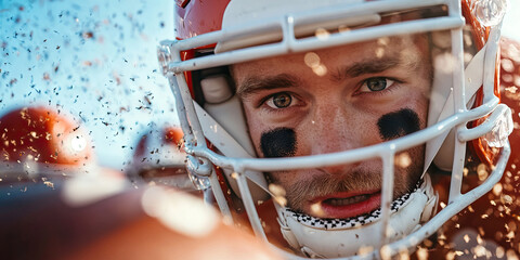 Close-up of American Football Player in Helmet with Dirt Particles